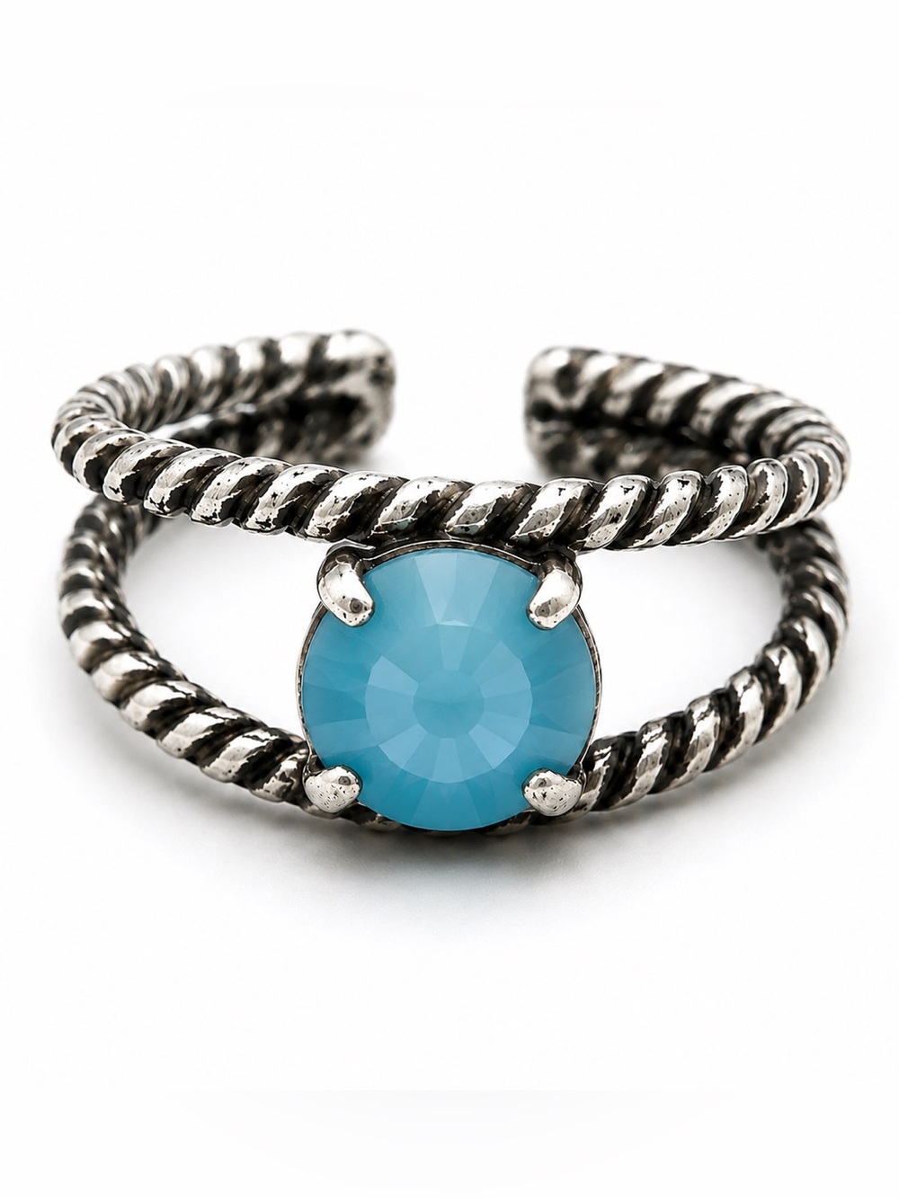 Turquoise Swarovski Crystal Ring Adjustable Silver Tone Boho Statement Ring